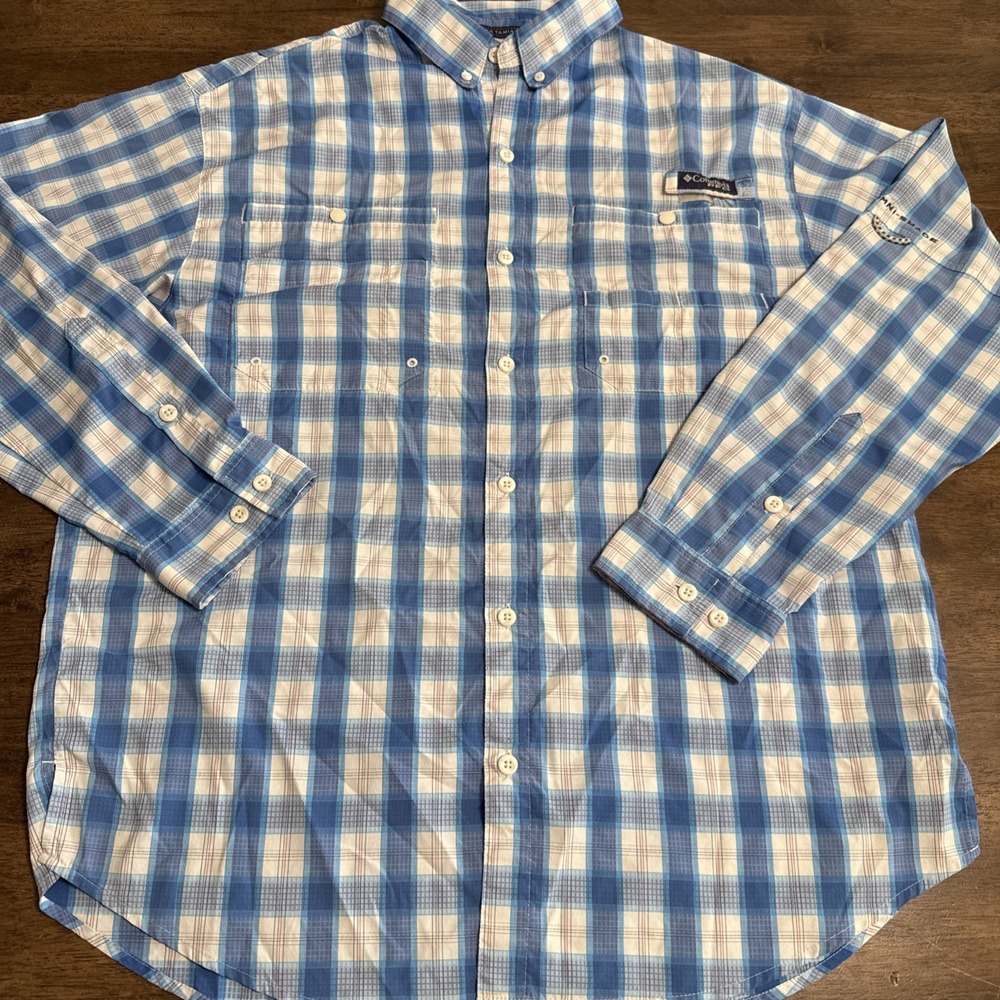 Columbia Tamiami PFG Blue Plaid Omni-Shade L/S Vented Shirt Fishing Shirt Large